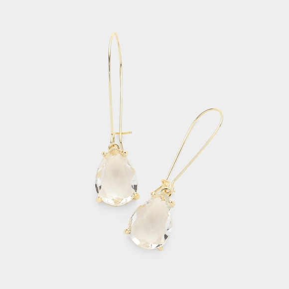 Gold Teardrop Dangle Earrings 2" Stone Wire Simple Jewelry Water Drop - Picture 1 of 2